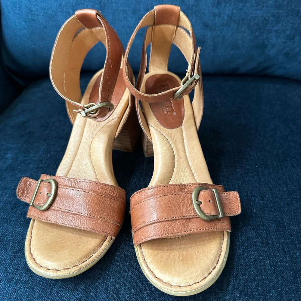 Born Leather Tan Heeled Sandals with Ankle Straps